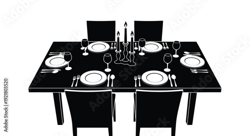 Elegant black and white illustration of a formally set dining table for eight