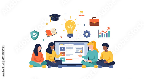 Diverse E-learning Group Studying Online Course on Laptop. Digital education platform, teamwork, skill development, and career growth illustration.
