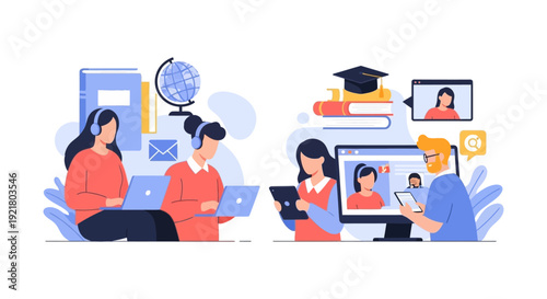 E-Learning and Distance Education Illustration. People Studying Online, Attending Virtual Classrooms, and Using Video Conference Technology.