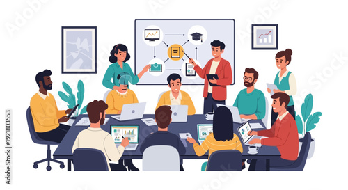 Diverse Business Team Meeting: Professionals Collaborating on Strategy and Education Plan. Flat Vector Illustration of Workshop.