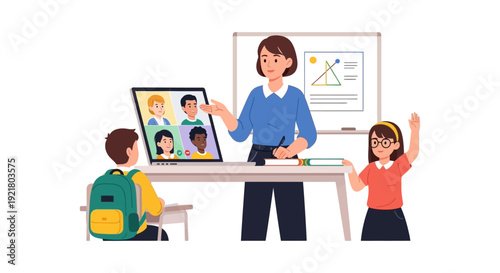Hybrid Classroom Education: Teacher and students attending lesson virtually and in person. Remote learning, video conferencing, EdTech illustration.