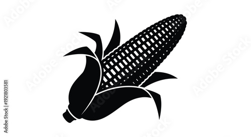 A graphic depiction of a single ear of corn in black and white