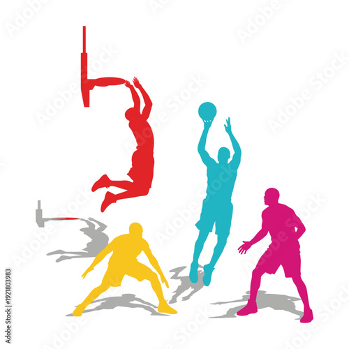 Silhouette of basketball players jumping and dunking in various colors vector illustration.