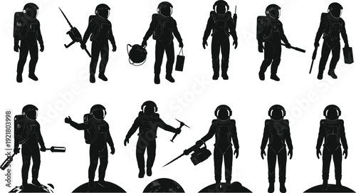 Astronaut and cosmonaut silhouettes in space suits with tools, exploring planets and moons, vector illustration set