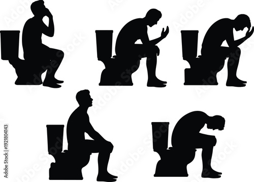 Man sitting on toilet silhouette collection showing stress thinking stomach pain and bathroom problem poses daily hygiene concept vector illustration