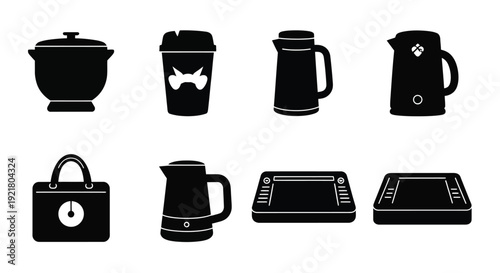 Black silhouette icons depicting various household and kitchen appliances