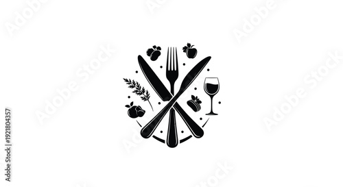 Black and white illustration of crossed cutlery and dining elements