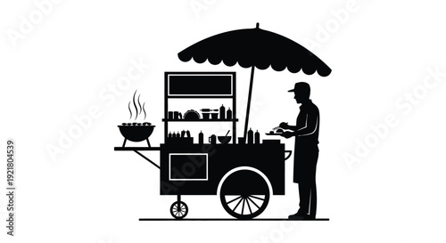 A black silhouette of a street food vendor and their cart