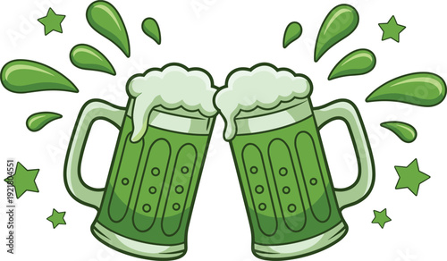 St Patrick Day green beer cheers illustration, clinking mugs splash stars, Irish party celebration vector cartoon