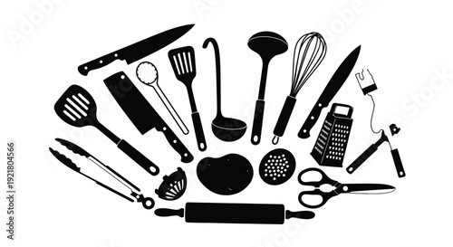 Black silhouette collection of various kitchen utensils and cooking tools