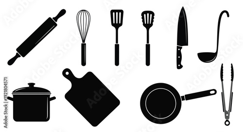 Black silhouette icons depicting various kitchen tools and cookware