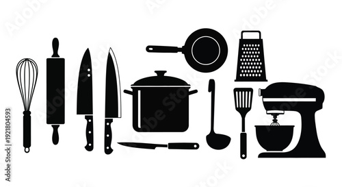 Black silhouette icons depicting various kitchen utensils and cooking tools