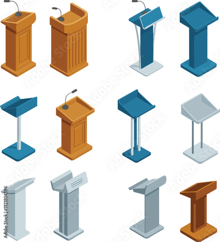 Modern podium and lectern collection illustration featuring political speech stands conference rostrums isolated flat vector design set for presentations debates events branding