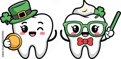 St Patrick Day cute tooth characters, leprechaun hat shamrock glasses wand, Irish dental cartoon vector illustration design