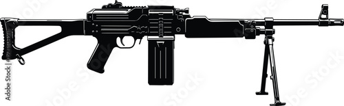 Black and white of a rifle with bipod machine gun assault rifle