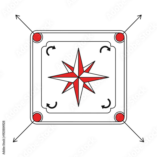 Top view of a carrom board game with a red striker and black coins vector illustration.