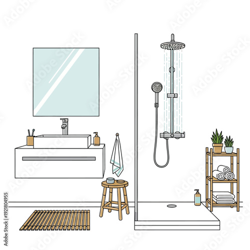 Modern bathroom interior with shower and bathtub vector on isolated  white background.