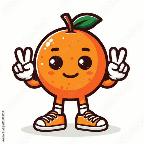 A vibrant orange cartoon character wearing orange shoes and making peace signs with both hands stands happily
