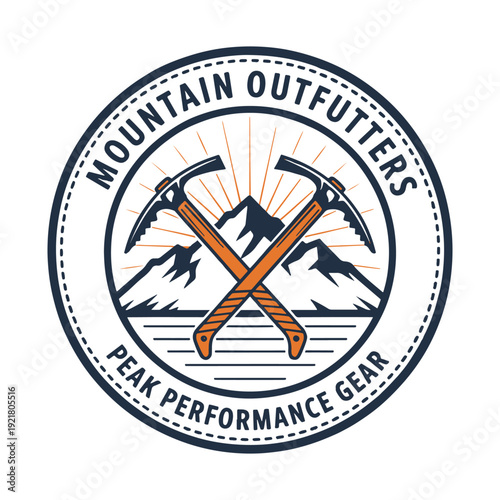 Circular outdoor brand with crossed ice axes t-shirt design, and snow peak mountains vector illustration