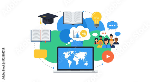 Global E-learning Network Concept. Digital online education system with virtual classroom, analytics, books, and collaboration tools.