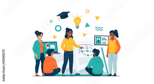 Group of Diverse Students Studying Strategy and Sharing Knowledge. E-learning, Modern Education, and Team Collaboration Vector Illustration.