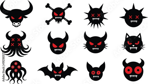 Black silhouette of a collection of monster, devil, animal and other various evil creatures with red eyes