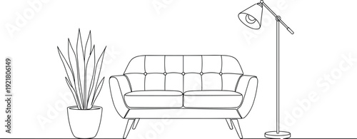 Modern Living Room Interior Line Art with Sofa Floor Lamp and Plant Minimal Home Furniture Vector Illustration