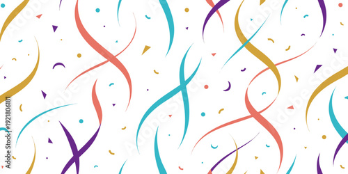 A whimsical, abstract pattern of flowing ribbons and confetti in a soft, pastel color scheme, creating a light and airy festive background.