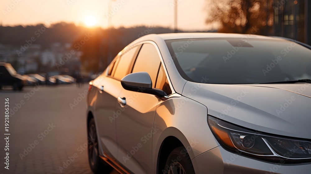 Naklejka premium A silver car parked outdoors during a warm sunset with reflections on its body and a blurred background