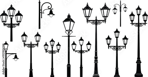 A comprehensive collection of various vintage street lamp post silhouettes, showcasing diverse designs on a clean white background.