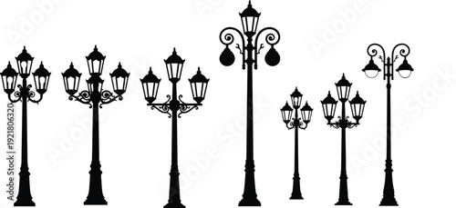 Collection of Ornate Vintage Street Lamp Silhouettes, Featuring Various Classic Lamppost Designs Against a Clean White Background