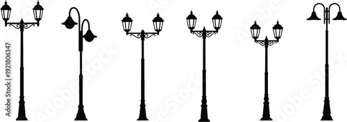 Elegant collection of various street lamp and lamppost silhouettes, featuring diverse vintage and modern designs, isolated on a clean white background.