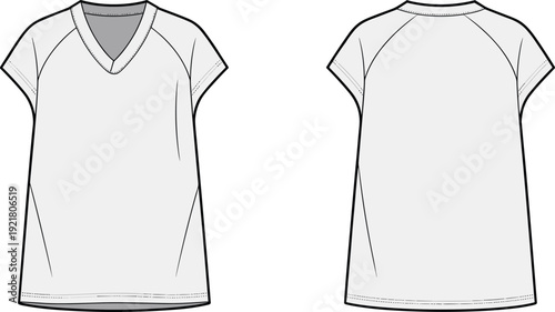 A gray and white v-neck short sleeve tunic with a relaxed fit and side seams shown from the front and back view