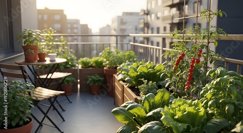 Lush urban balcony garden under warm sunlight, featuring fresh organic vegetables and aromatic herbs, a sustainable green oasis and tranquil space for city living