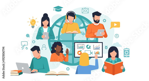 Global E-Learning and Online Education Network. Diverse Students Studying, Collaborating, and Working Remotely in a Virtual Classroom or Remote Business Team Environment.