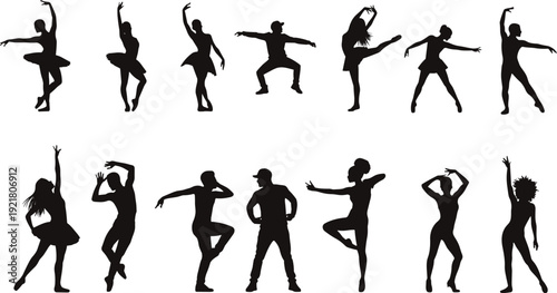 Black silhouette of dancing women and men, different styles, isolated on a white background, dancers poses, ballet, hip hop