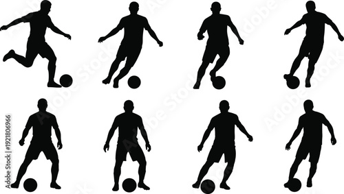Soccer player silhouette set showing football dribbling poses and ball control movements isolated black athlete figures vector illustration collection