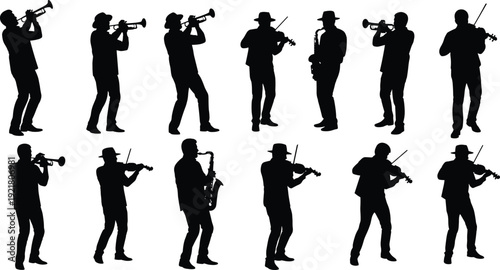 Black silhouette of musicians playing instruments, trumpet, violin, and saxophone, isolated on a white background, jazz band