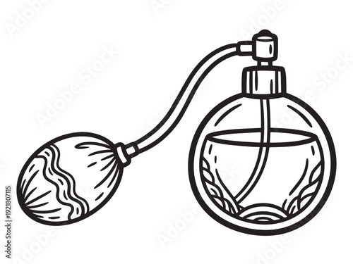 Elegant black and white hand-drawn line art of a classic glass perfume bottle with a traditional pump atomizer for fragrance lovers.