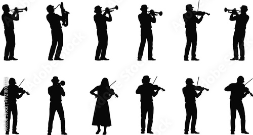 Black silhouette of musicians playing various instruments, including trumpet, saxophone, and violin, isolated on a white background, band members