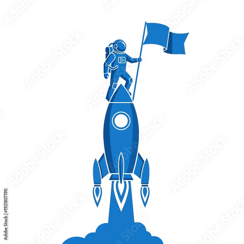 Astronaut standing on top of a rocket with a flag.