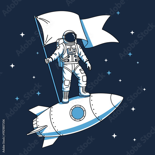 Astronaut standing on a rocket ship in space with a flag.