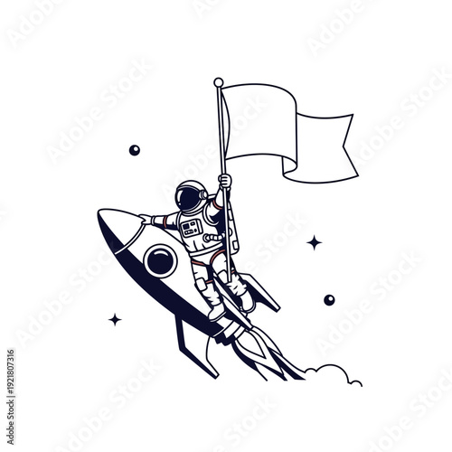 Astronaut Riding Rocket with Flag in Space.