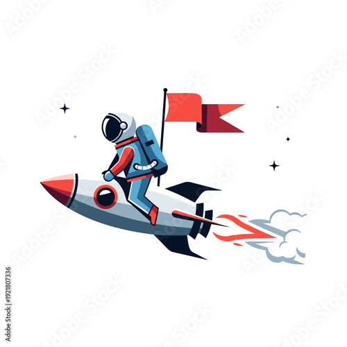 Astronaut Riding Rocket Ship with Red Flag in Space.