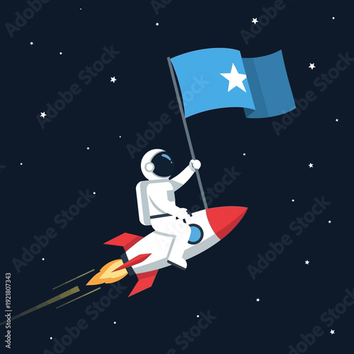 Astronaut flying rocket with Somali flag in space.