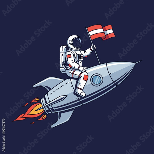 Astronaut Riding Rocket with Austrian Flag in Space Adventure.