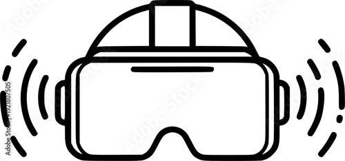 Minimalist line art of a virtual reality headset with motion waves, VR concept.