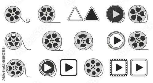 Collection of vintage film reels and play buttons.