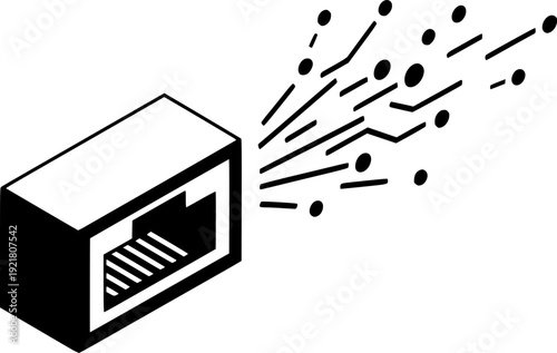 Isometric ethernet port with data sparks, high-speed internet.
