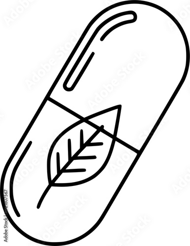 Minimalist line art of a medical capsule with a leaf inside, organic medicine.